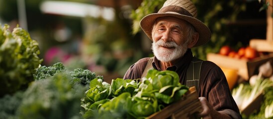 Elderly farmer supplying eco-friendly vegetables to conscientious retailer.