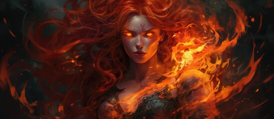 Fiery flames are held by a malevolent red-haired sorceress.