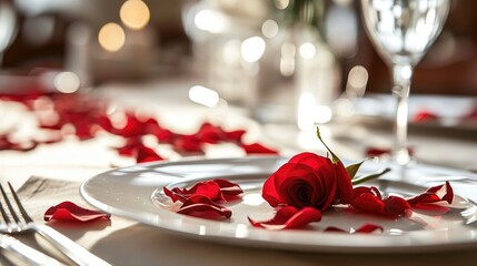 Obraz na płótnie Canvas romantic table setting with rose petals, capturing the essence of Valentine's Day through color, composition, and emotion