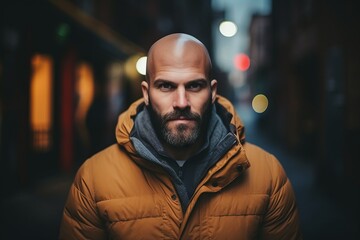 Portrait of a bald man with a beard in the city at night