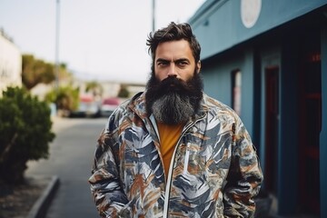 Portrait of a handsome man with long beard and mustache in stylish jacket