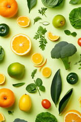 Various types of fresh fruits and vegetables on a green background