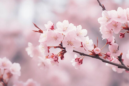 Close up of a beautiful cherry blossom branch with pink flowers, japanese sakura tree, spring equinox blurred nature background