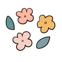 Hand drawn cute flower and leaves isolated. Pastel floral elements doodle style. Simple card design. Seamless pattern.