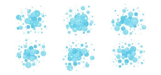 Foam bubble vector water icon set, blue soap, bath shampoo suds splash. Wash, laundry, clean underwater collection. Soda, carbonated fun illustration - obrazy, fototapety, plakaty