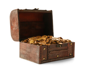 Old chest with treasures isolated on white background