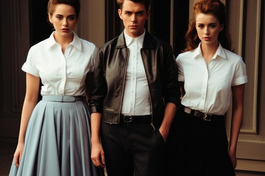 People fashion clothing 1950, 1960 in the style of iconic rock and roll imagery, Times of driving music, trendy hairstyles, stylish clothes, daring deeds, leather jackets and colorful dresses .