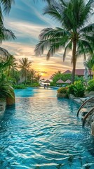 Fototapeta premium Beachfront resort's opulent swimming pool surrounded by lush tropical landscapes.