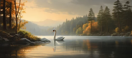 Foto op Canvas A serene lake with a white swan and a grey goose gracefully swimming. © TheWaterMeloonProjec