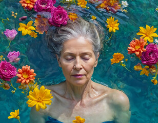 Older woman in her 60s or 70s with gray hair floating and relaxing with her eyes closed in water surrounded by Spring flowers.  Concept of relaxation, serenity and Spring.