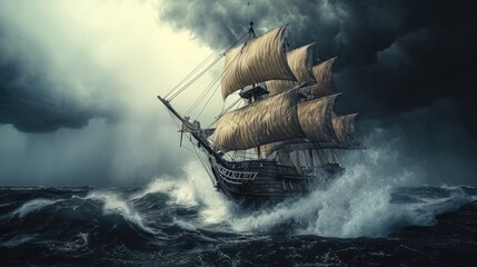An ancient ship battles the raging sea storm