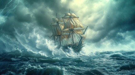An ancient ship battles the raging sea storm - obrazy, fototapety, plakaty