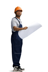 A man in a work uniform on a white background with a blueprint looks to the side, in profile