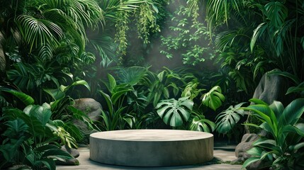 Podium pedestal nestled in a lush tropical forest garden with vibrant green plants.