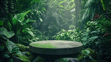 Podium pedestal nestled in a lush tropical forest garden with vibrant green plants.