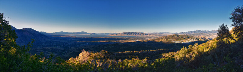 Lone Peak and surrounding landscape view, Jacob’s Ladder hiking trail, Lone Peak Wilderness, Wasatch Rocky Mountains, Utah, USA. 2023
