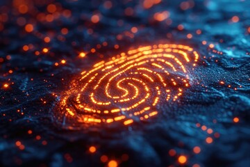 Fototapeta na wymiar Close-up of a neon glowing fingerprint scan, cybersecurity biometrics theme, high-tech feel