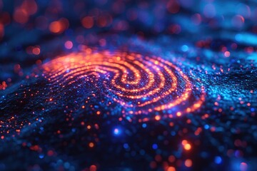 Close-up of a neon glowing fingerprint scan, cybersecurity biometrics theme, high-tech feel