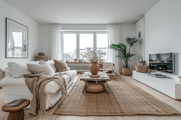 Bright and airy Scandinavian living room, white walls, soft textiles, functional yet stylish decor
