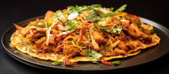 South Indian street food made with layered bread pieces, meat, egg, and vegetables, commonly known as Chicken Kothu Parotta or Curried Shredded Indian flatbread.