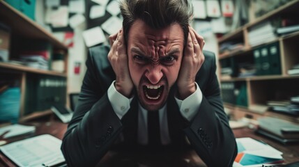 Stressed businessman yelling and clasps head in alarm amidst a chaotic office, papers flying and shelves overflowing