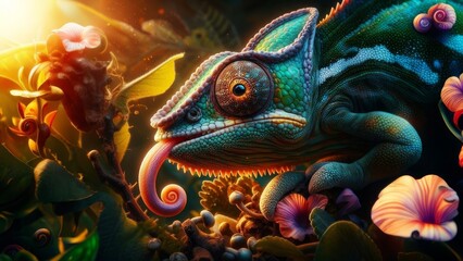 Chameleon amidst colorful mushrooms under moonlit magical forest