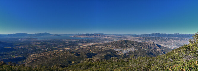 Lone Peak and surrounding landscape view, Jacob’s Ladder hiking trail, Lone Peak Wilderness, Wasatch Rocky Mountains, Utah, USA. 2023