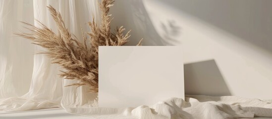 Minimalist bohemian invitation card template with blank space, neutral linen cloth, and dried pampas grass.