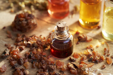 A bottle of aromatherapy essential oil with myrrh resin