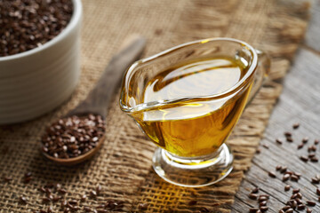 Flax seed oil in a transparent glass jug