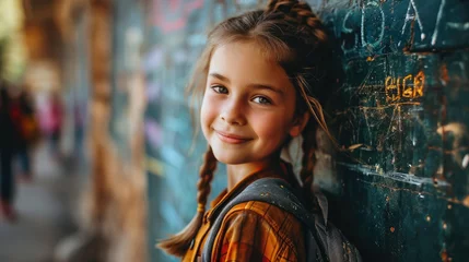 Tuinposter small beautiful girl in a school uniform against the background of a classroom, education, learning, child, kid, schoolgirl, student, pupil, smart person, portrait, face, knowledge, children, smiling © Julia Zarubina