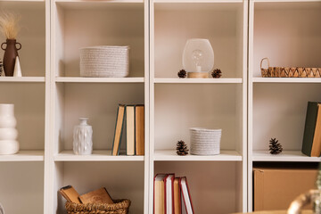 White bookshelves with books, pine cones and decor