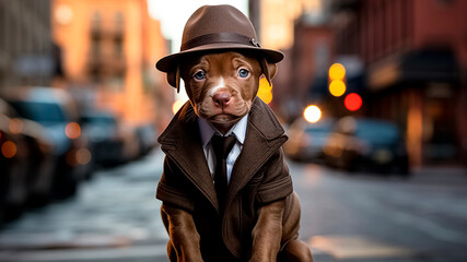 Cute puppy wearing a brown hat and coat on a city street. Gangster Style. Dapper Dog. Fun and Pet concept.