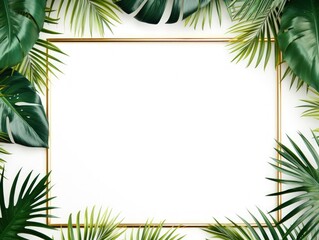 Green Tropical palm and monstera Leaves with gold frame copy space white background. AI generated