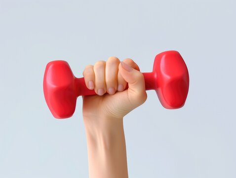 Human hand holding red dumbbell. Minimalistic photography generated with ai