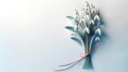 Banner delicate bouquet of paper snowdrops tied with a red and white Martisor string against a soft blue background with copy space for text. Greeting card for Martisor. - obrazy, fototapety, plakaty