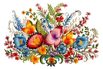 Fototapeta na wymiar Floral Threadwork Mastery - Intricate Embroidery Design. Masterful embroidery showcasing detailed flowers, perfect for enhancing apparel or home textiles.