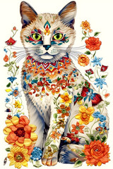 Botanical Feline Fantasy - Exotic Cat with Floral Patterns. An intricately designed cat adorned with vivid floral patterns, a captivating piece for home decor and art collections.