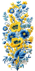 Sunshine and Sky - Blue and Yellow Embroidered Flowers.  A radiant embroidery piece bursting with blue and yellow flowers, capturing the essence of a sunny day against a clear sky, ideal for spring
