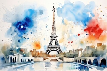Fictional concept of a sports event in france painted in watercolor.