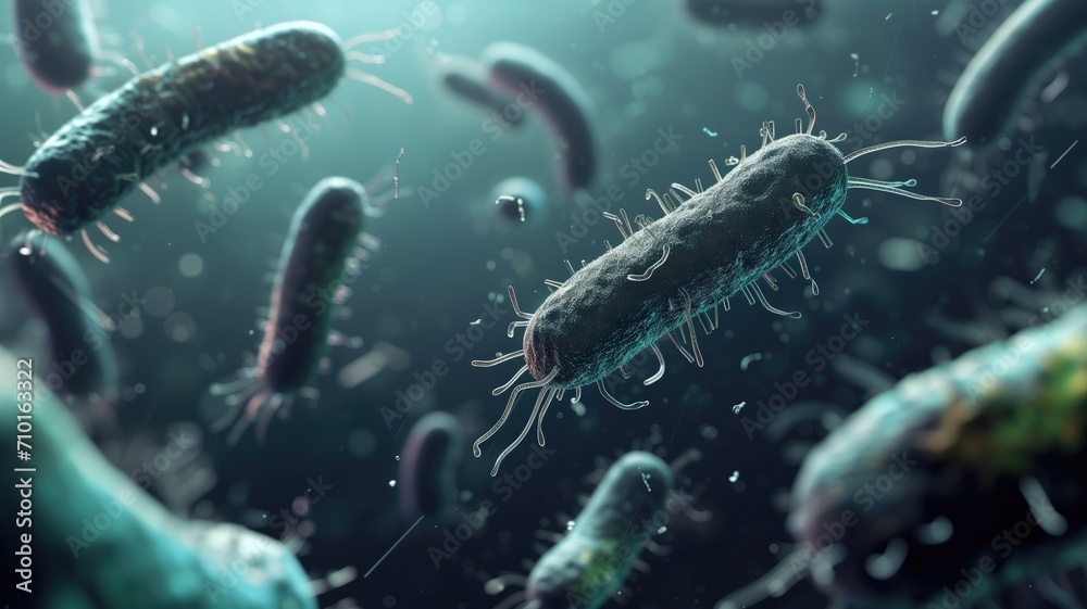 Wall mural Microorganisms with teal flagella against a dark background