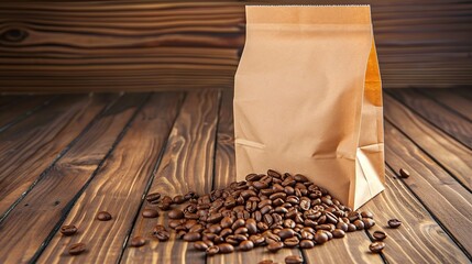 brown wrapping paper and coffee beans on a wooden wall background