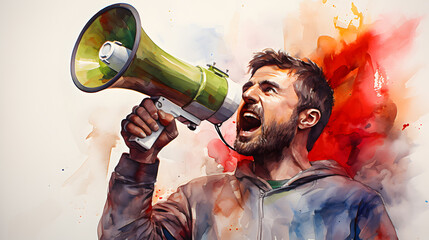 man useing a megaphone and loudspeaker in watercolor painting design  - obrazy, fototapety, plakaty