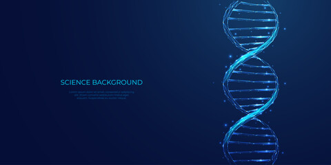 DNA background. Glowing blue double helix. Genetic code in futuristic polygonal style. Medical science concept. Abstract technology background, biology metaphor. Genome and cell. Vector illustration.