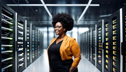 A woman working in a server room.  - obrazy, fototapety, plakaty