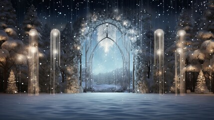 A digital gate projection showcasing a winter wonderland with falling snow and festive lights