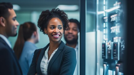 A woman working in a server room. 