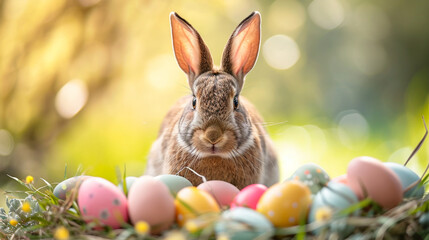 Fototapeta na wymiar A rabbit surrounded by a circle of Easter eggs, looking directly at the camera, Easter, blurred background, with copy space