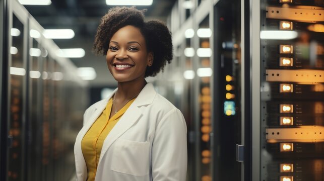 A woman working in a server room.  - Powered by Adobe