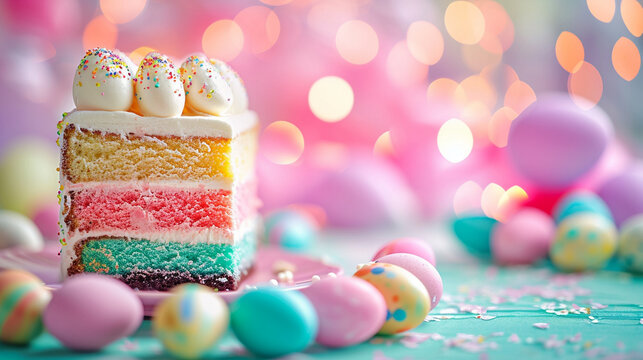 A colorful spread of Easter eggs and a matching multicolored layer cake, Easter, blurred background, with copy space
